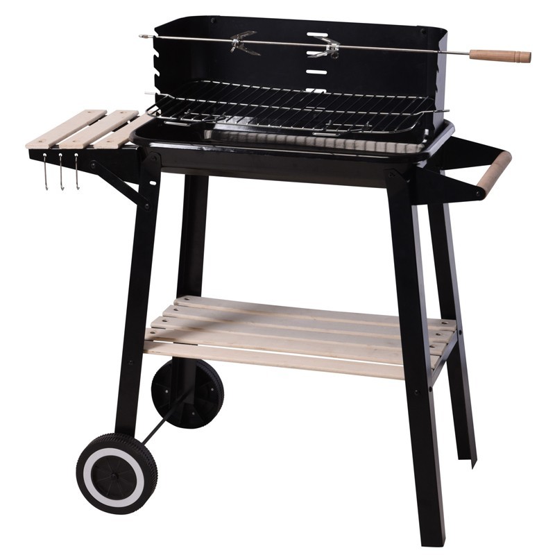 Gratar pe carbuni, dreptunghiular, 2 roti, raft, blat lateral, otel si lemn - imagine 10